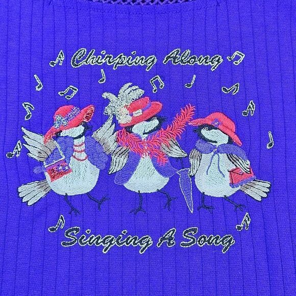🔹️Vintage BonWorth Purple Embroidered Red Hat Society Birds Top Petite XSmall - Picture 6 of 11
